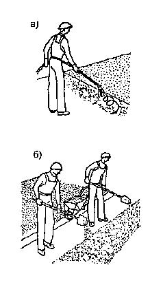 Рис.2. Устройство гравийного защитного слоя а - нанесение мастики на поверхность кровли; б - рассеивание с помощью лопат гравия по слою мас