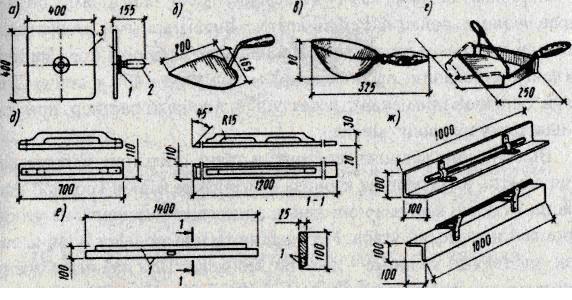 Рис. 10. Инструмент для выполнения штукатурных работ: а - металлический сокол; 1 - резиновое кольцо; 2 - ручка; 3 -щит; б - штукатурная лопата; в - ко