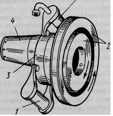 Рис. 11. Затирочная машинка: 1 -рукоятка; 2 - текстолитовые диски; 3 - передаточная шестерня; 4 - электродвигатель.